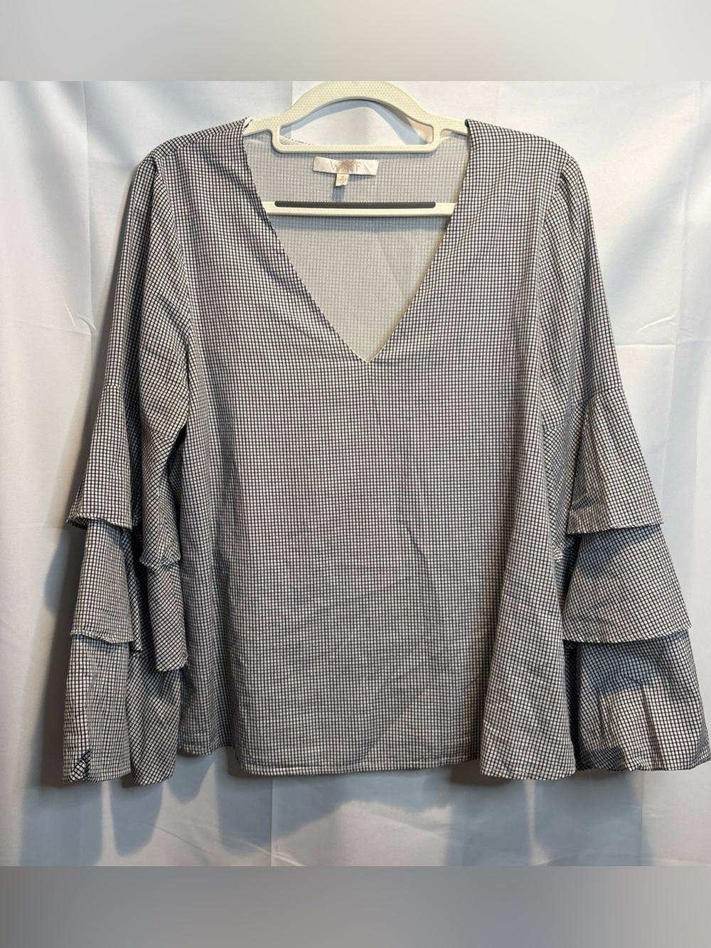 Wayf Black & White Gingham V-Neck Ruffle Sleeve Blouse